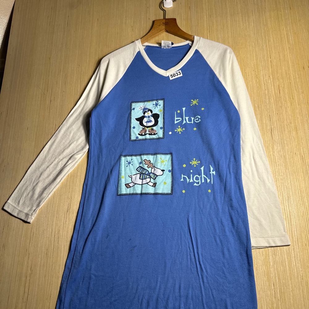 Vintage Blue Night Nightgown Womens Small Blue 90s Penguin Reindeer Sleepwear - Picture 3 of 15
